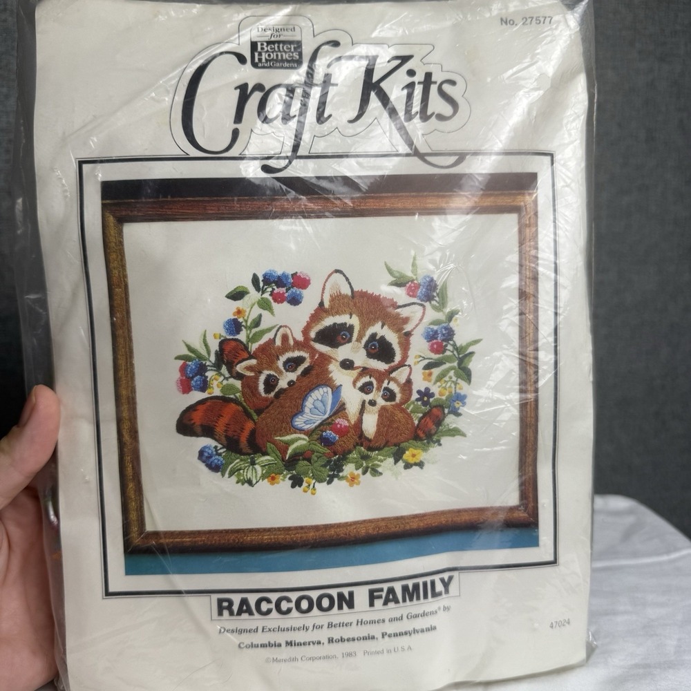 Vintage 80s Better Homes/Gardens Raccoon Family Butterfly Floral CrossStitch Kit